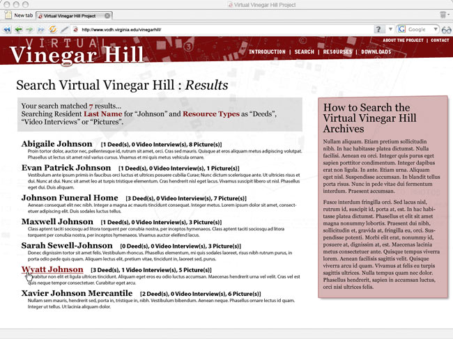 Vinegar Hill Search Page Results Mockup